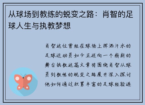 从球场到教练的蜕变之路：肖智的足球人生与执教梦想