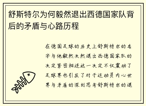 舒斯特尔为何毅然退出西德国家队背后的矛盾与心路历程 舒斯特尔为何毅然退出西德国家队背后的矛盾与心路历程